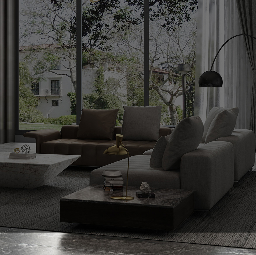 XAVIER furniture — handcrafted oak and walnut pieces in a Morandi-toned living room